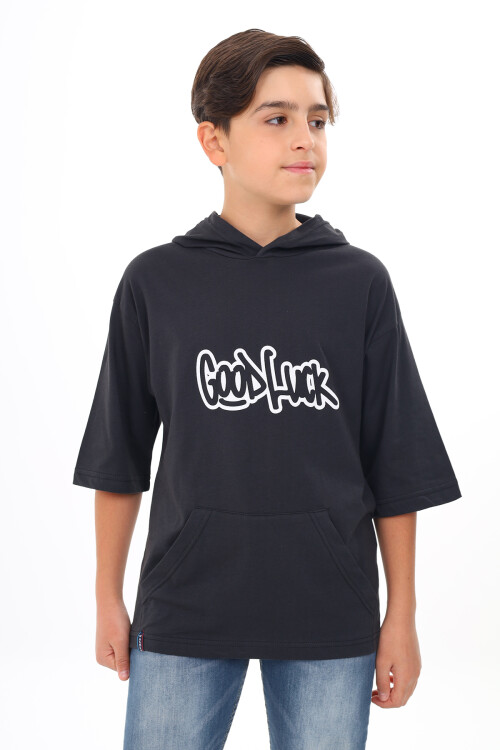 Erkek Çocuk Kapüşonlu Kanguru Cepli T-Shirt 9-14 Yaş Lx7072