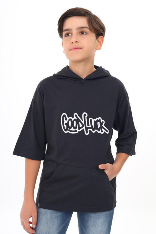 Erkek Çocuk Kapüşonlu Kanguru Cepli T-Shirt 9-14 Yaş Lx7072
