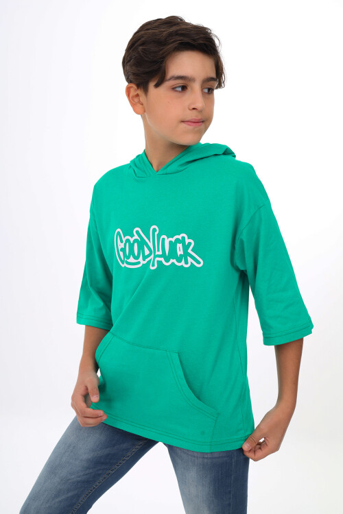Erkek Çocuk Kapüşonlu Kanguru Cepli T-Shirt 9-14 Yaş Lx7072