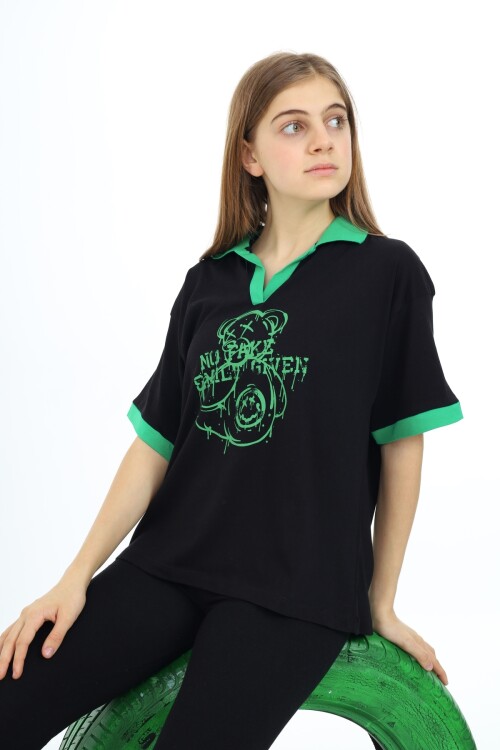 Kız Çocuk Polo Yaka Garnili T-Shirt 9-14 Yaş Lx018