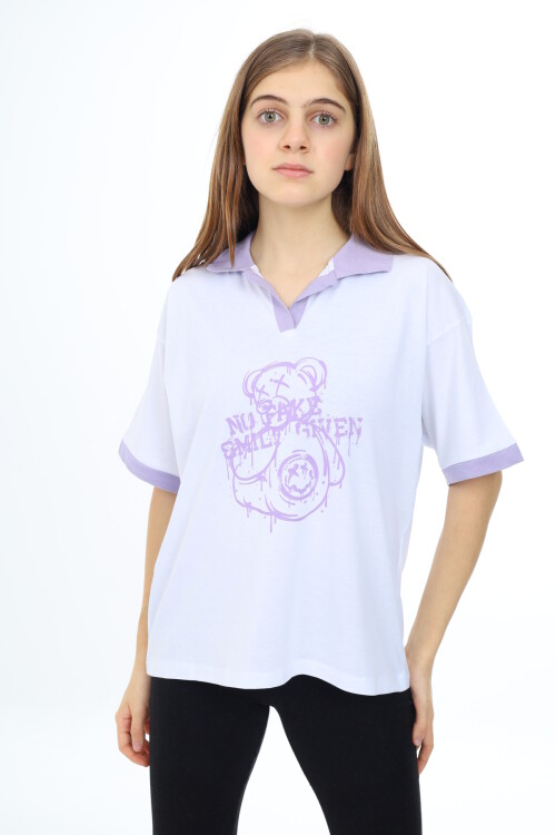 Kız Çocuk Polo Yaka Garnili T-Shirt 9-14 Yaş Lx018