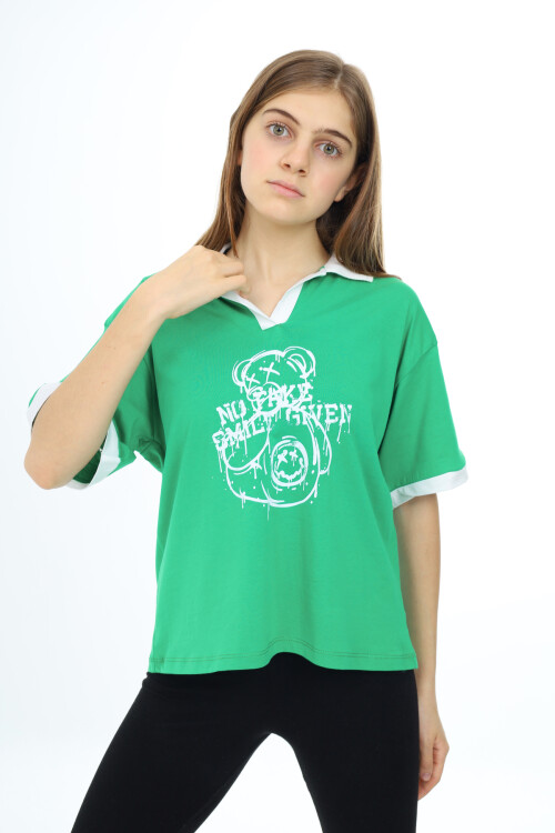 Kız Çocuk Polo Yaka Garnili T-Shirt 9-14 Yaş Lx018
