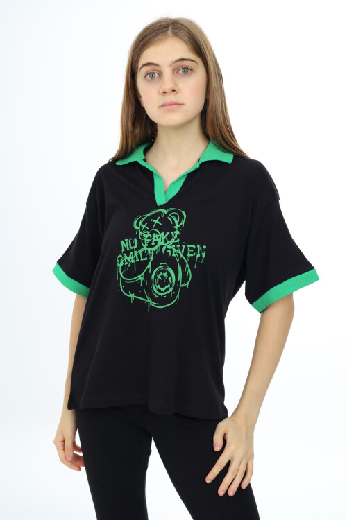 Kız Çocuk Polo Yaka Garnili T-Shirt 9-14 Yaş Lx018