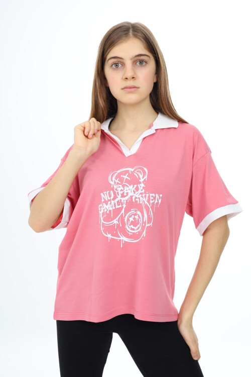 Kız Çocuk Polo Yaka Garnili T-Shirt 9-14 Yaş Lx018