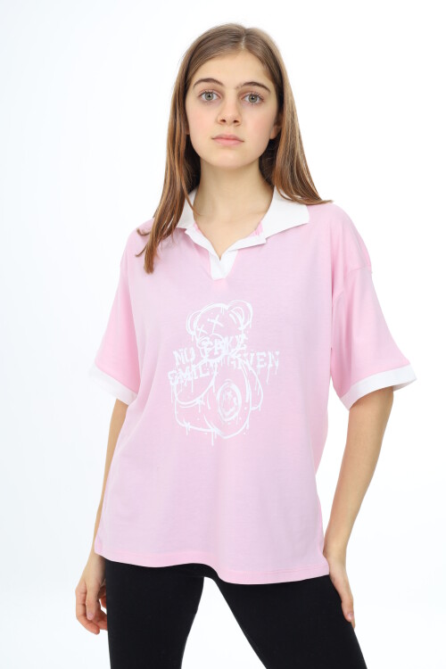 Kız Çocuk Polo Yaka Garnili T-Shirt 9-14 Yaş Lx018