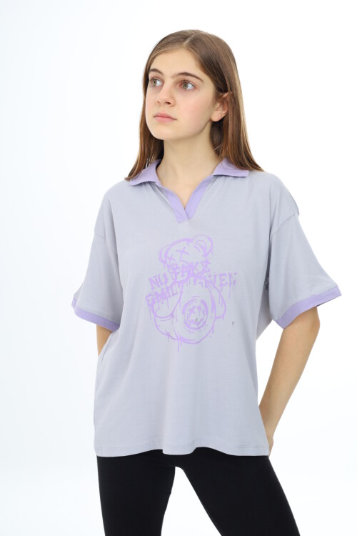 Kız Çocuk Polo Yaka Garnili T-Shirt 9-14 Yaş Lx018