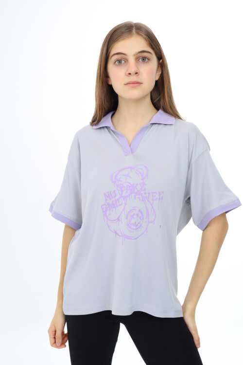 Kız Çocuk Polo Yaka Garnili T-Shirt 9-14 Yaş Lx018