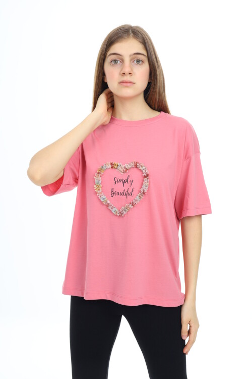 Kız Çocuk Tasarım Kalp Desenli T-Shirt 9-14 Yaş Lx036