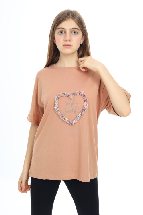 Kız Çocuk Tasarım Kalp Desenli T-Shirt 9-14 Yaş Lx036
