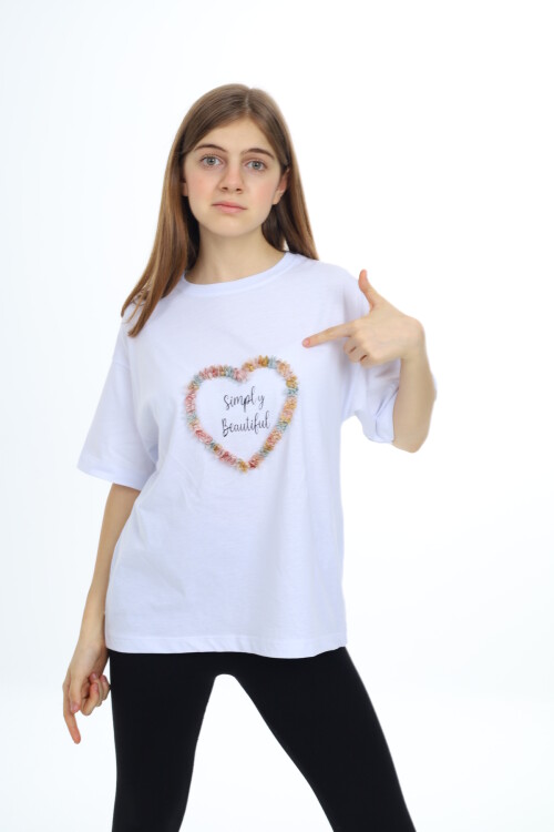 Kız Çocuk Tasarım Kalp Desenli T-Shirt 9-14 Yaş Lx036
