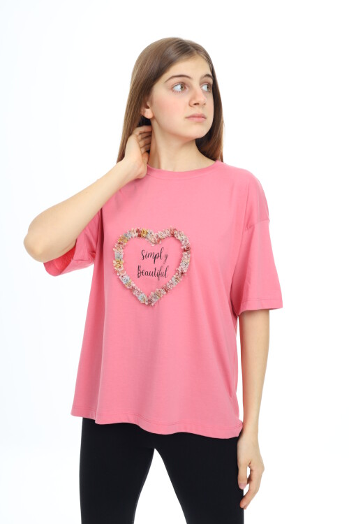 Kız Çocuk Tasarım Kalp Desenli T-Shirt 9-14 Yaş Lx036