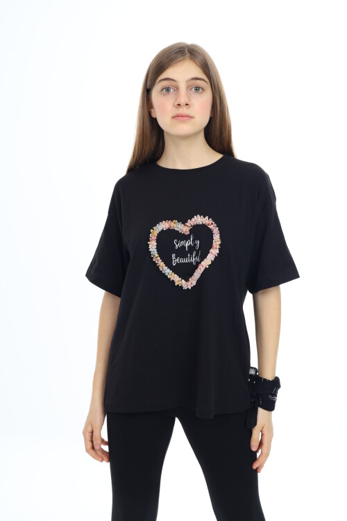 Kız Çocuk Tasarım Kalp Desenli T-Shirt 9-14 Yaş Lx036