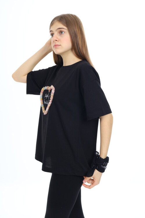 Kız Çocuk Tasarım Kalp Desenli T-Shirt 9-14 Yaş Lx036