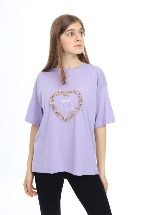 Kız Çocuk Tasarım Kalp Desenli T-Shirt 9-14 Yaş Lx036