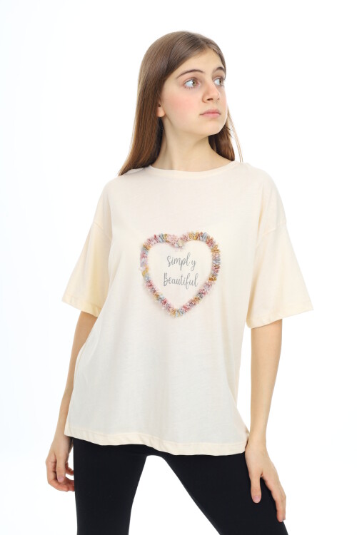 Kız Çocuk Tasarım Kalp Desenli T-Shirt 9-14 Yaş Lx036