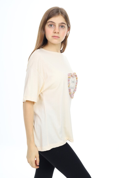 Kız Çocuk Tasarım Kalp Desenli T-Shirt 9-14 Yaş Lx036