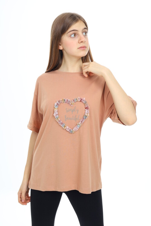 Kız Çocuk Tasarım Kalp Desenli T-Shirt 9-14 Yaş Lx036