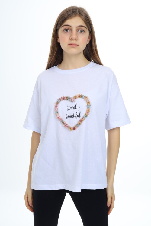 Kız Çocuk Tasarım Kalp Desenli T-Shirt 9-14 Yaş Lx036