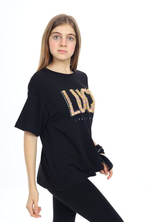 Kız Çocuk Tasarım Yazı Desenli T-Shirt 9-14 Yaş Lx038
