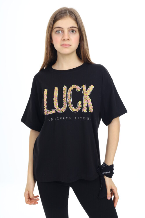 Kız Çocuk Tasarım Yazı Desenli T-Shirt 9-14 Yaş Lx038