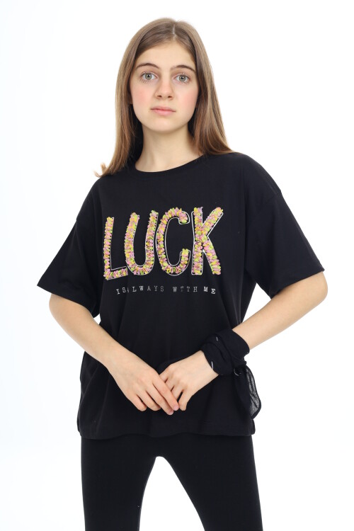 Kız Çocuk Tasarım Yazı Desenli T-Shirt 9-14 Yaş Lx038