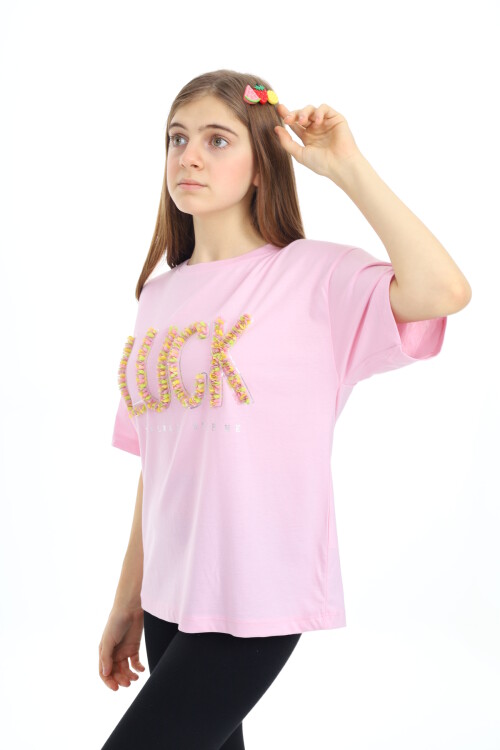 Kız Çocuk Tasarım Yazı Desenli T-Shirt 9-14 Yaş Lx038
