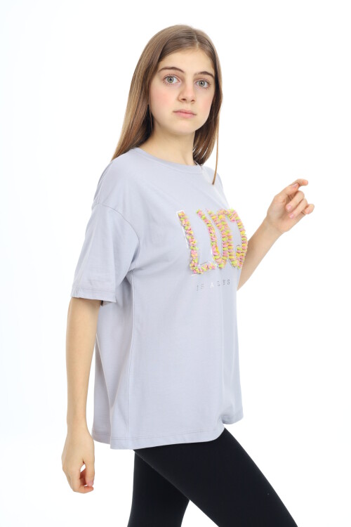 Kız Çocuk Tasarım Yazı Desenli T-Shirt 9-14 Yaş Lx038