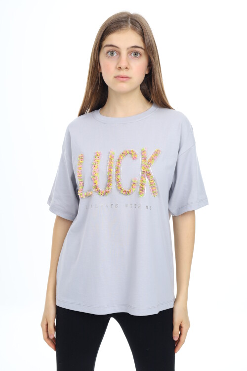 Kız Çocuk Tasarım Yazı Desenli T-Shirt 9-14 Yaş Lx038