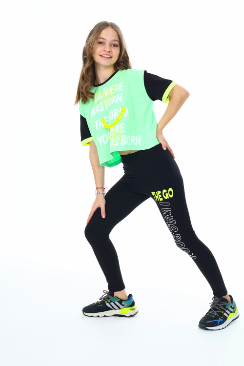 Kız Çocuk Taytlı-Crop-Bloklu-Alt-Üst Takım 9-14 Yaş 8006