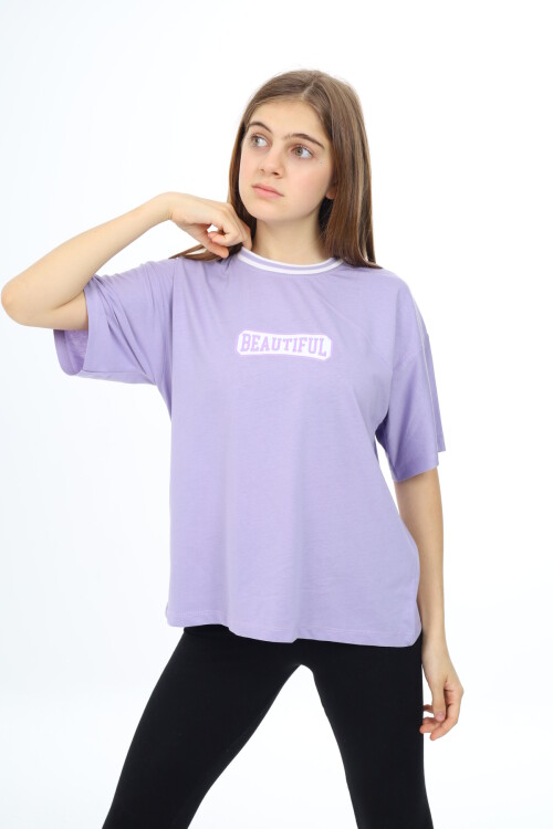 Kız Çocuk Yaka Ribanalı Yazı Baskılı T-Shirt 9-14 Yaş Lx5020