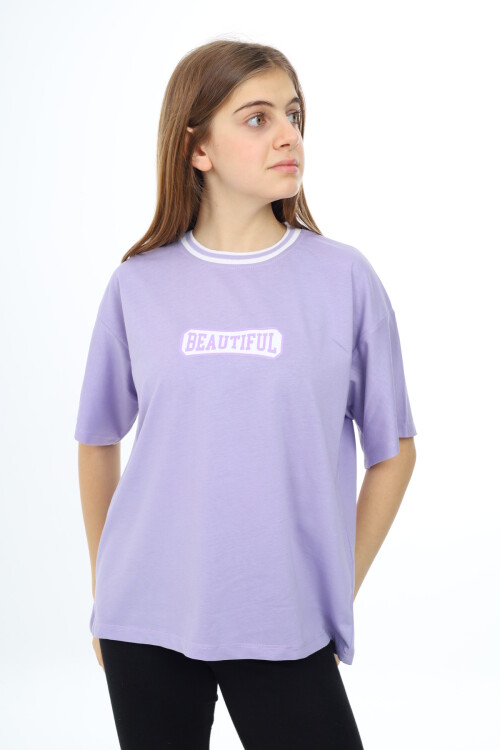 Kız Çocuk Yaka Ribanalı Yazı Baskılı T-Shirt 9-14 Yaş Lx5020
