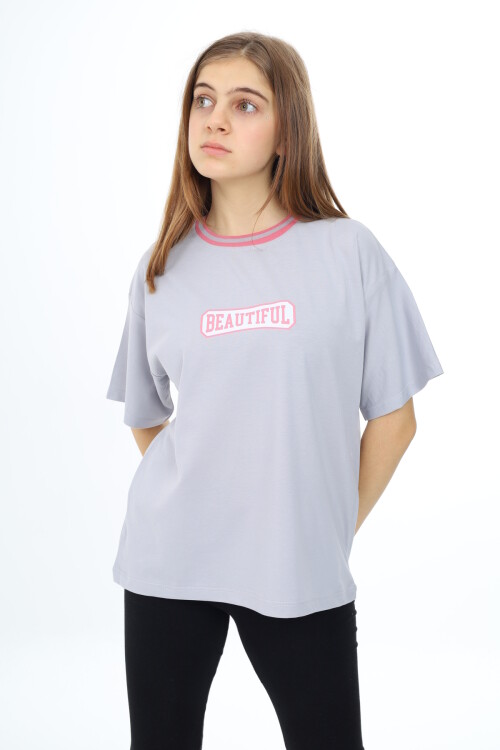 Kız Çocuk Yaka Ribanalı Yazı Baskılı T-Shirt 9-14 Yaş Lx5020