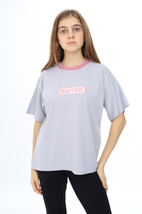 Kız Çocuk Yaka Ribanalı Yazı Baskılı T-Shirt 9-14 Yaş Lx5020