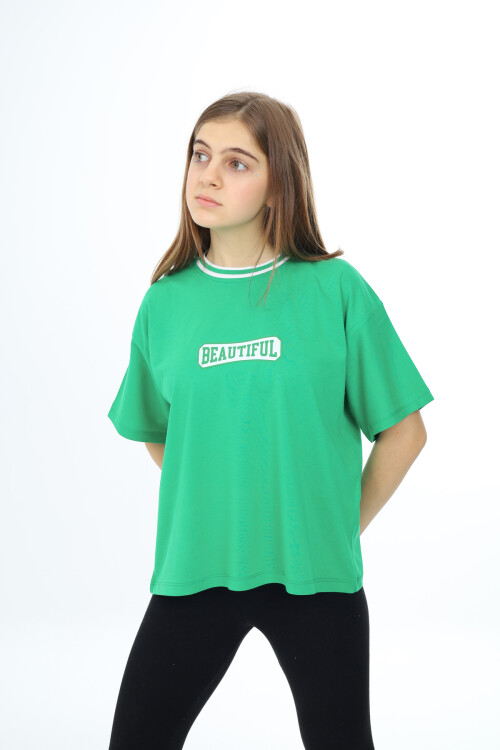 Kız Çocuk Yaka Ribanalı Yazı Baskılı T-Shirt 9-14 Yaş Lx5020