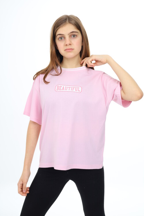 Kız Çocuk Yaka Ribanalı Yazı Baskılı T-Shirt 9-14 Yaş Lx5020