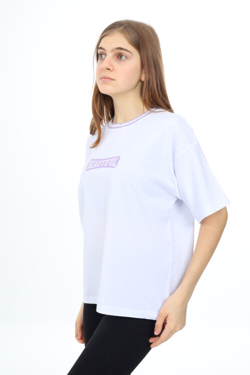 Kız Çocuk Yaka Ribanalı Yazı Baskılı T-Shirt 9-14 Yaş Lx5020