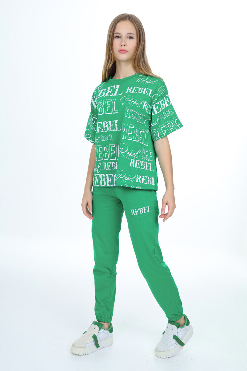 Kız Çocuk Yazı Baskılı Alt-Üst Takım 8-14 Yaş Lx305