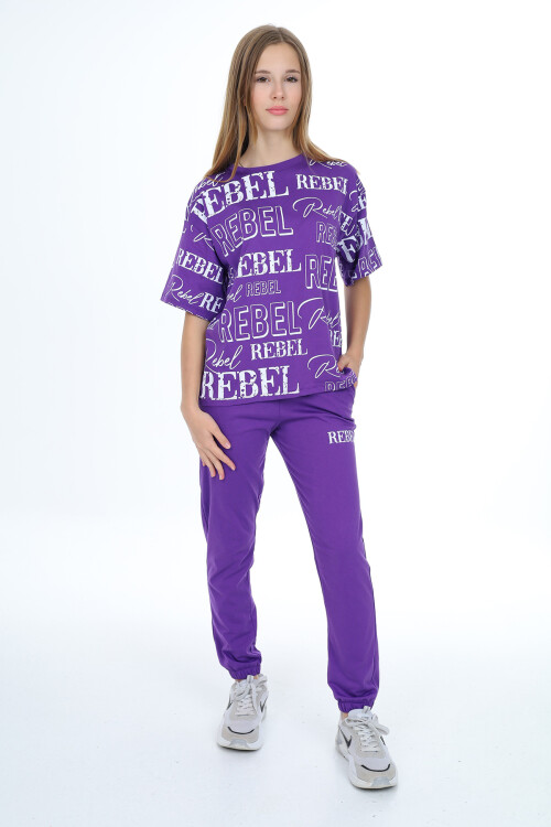 Kız Çocuk Yazı Baskılı Alt-Üst Takım 8-14 Yaş Lx305