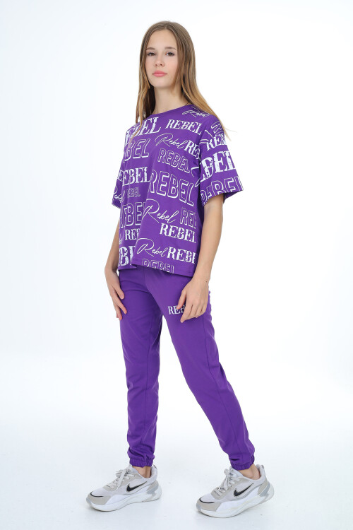 Kız Çocuk Yazı Baskılı Alt-Üst Takım 8-14 Yaş Lx305