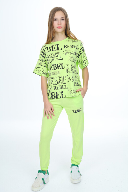 Kız Çocuk Yazı Baskılı Alt-Üst Takım 8-14 Yaş Lx305