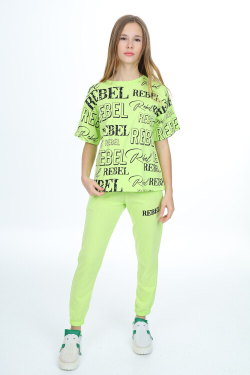 Kız Çocuk Yazı Baskılı Alt-Üst Takım 8-14 Yaş Lx305