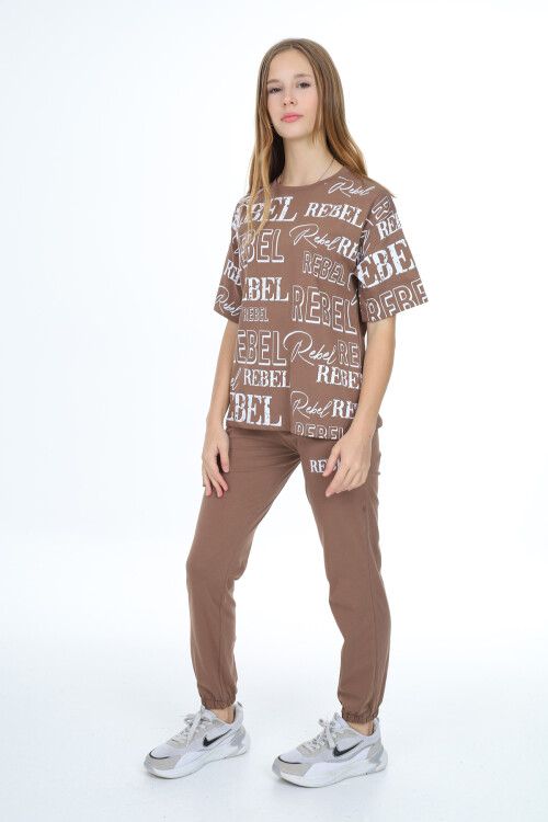 Kız Çocuk Yazı Baskılı Alt-Üst Takım 8-14 Yaş Lx305