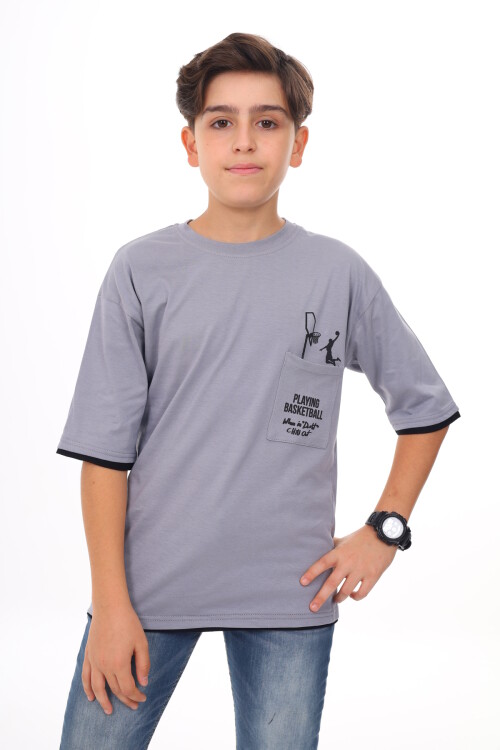 Erkek Çocuk Cep Baskılı T-Shirt 9-14 Yaş Lx6967