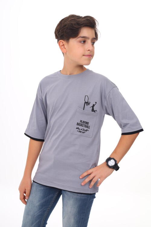Erkek Çocuk Cep Baskılı T-Shirt 9-14 Yaş Lx6967