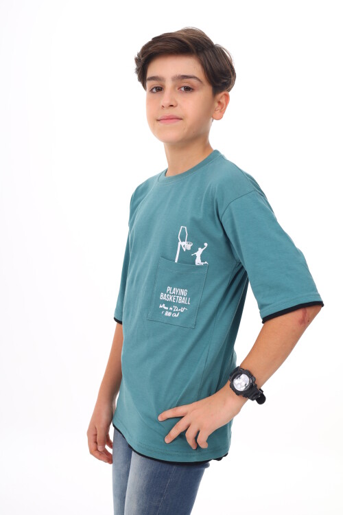 Erkek Çocuk Cep Baskılı T-Shirt 9-14 Yaş Lx6967