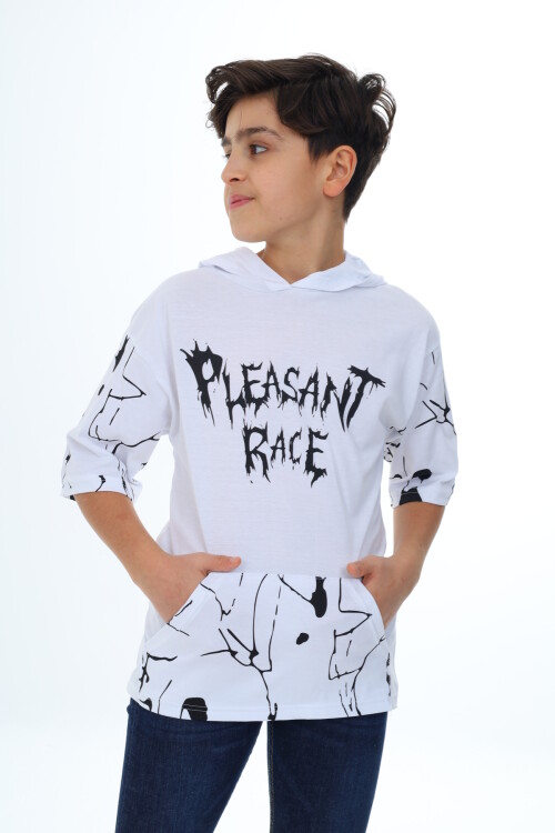Erkek Çocuk Kapüşonlu Kargo Cepli Baskılı T-Shirt 9-15 Yaş Lx7091
