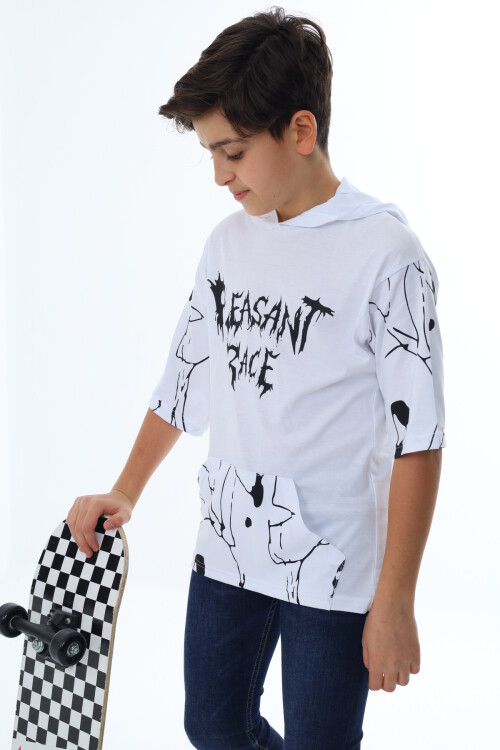 Erkek Çocuk Kapüşonlu Kargo Cepli Baskılı T-Shirt 9-15 Yaş Lx7091