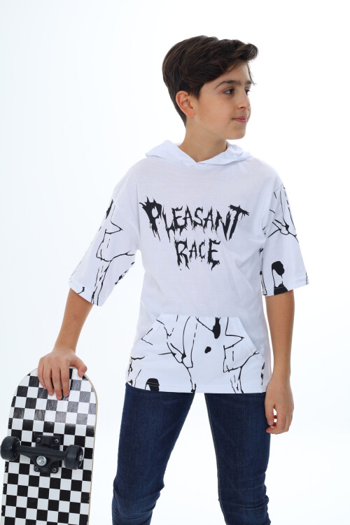 Erkek Çocuk Kapüşonlu Kargo Cepli Baskılı T-Shirt 9-15 Yaş Lx7091