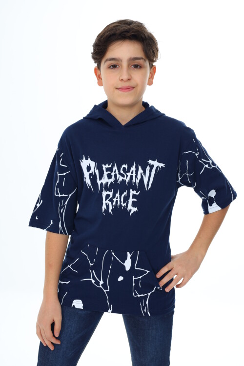 Erkek Çocuk Kapüşonlu Kargo Cepli Baskılı T-Shirt 9-15 Yaş Lx7091