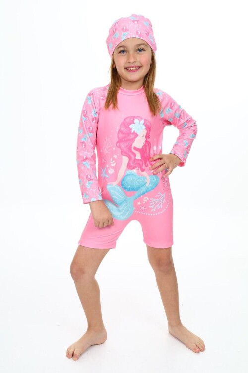 Kız Çocuk Yüzücü Şortlu Boneli 2 Parça Mayo Takımı 3-10 Yaş 028